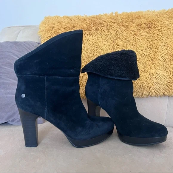 UGG Black Suede Heeled Boots with Shearling Cuff - Picture 2 of 6